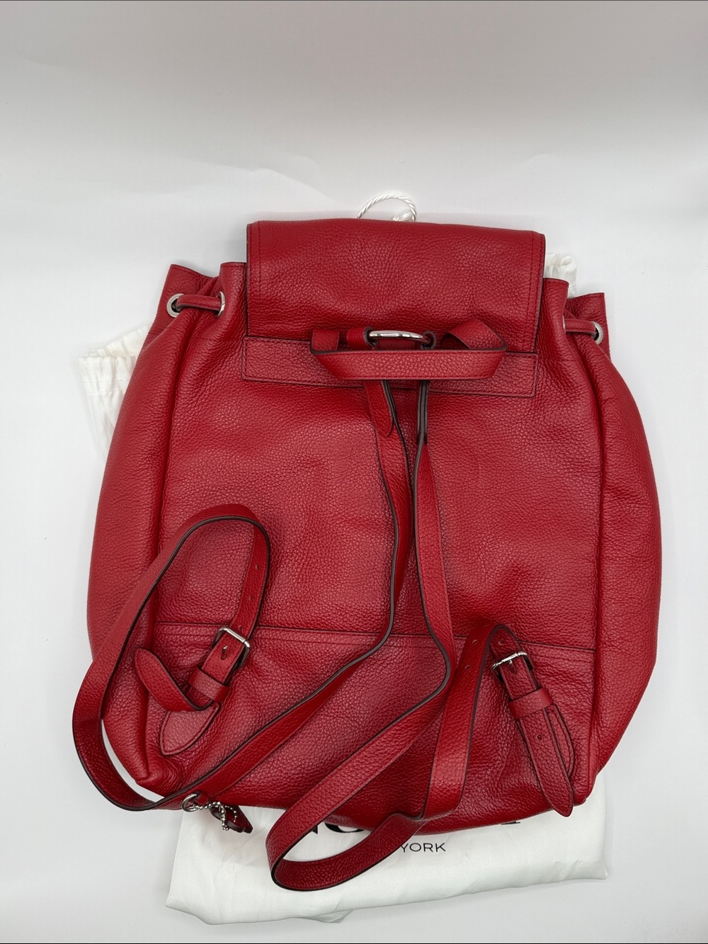 Coach Red Pebbled Leather Drawstring Backpack with Front Pockets - Picture 2 of 16